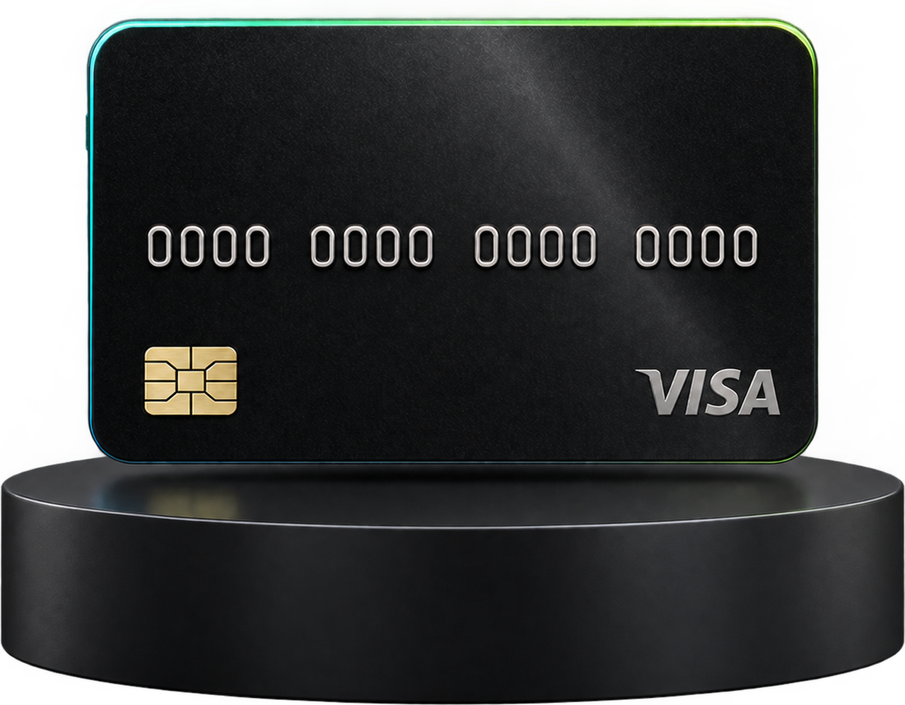 The Fovirex Visa card, black with a glowing edge, standing on a pedestal